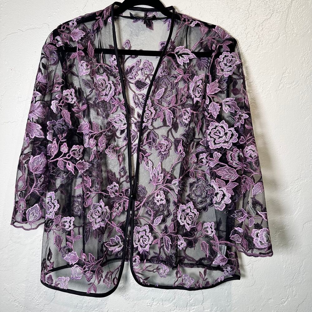 Alex Evenings Size XL Embroidered Floral Sheer Jacket Black Purple Layering